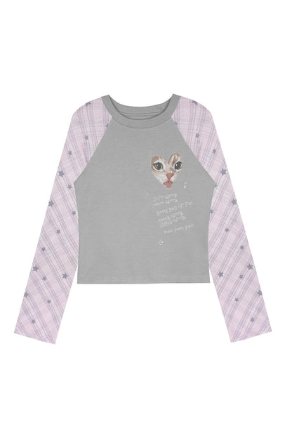 Gray Pink Cat Print Raglan T-shirt
