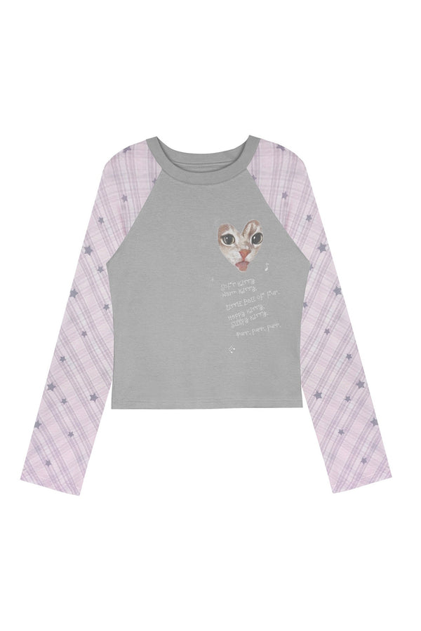 Gray Pink Cat Print Raglan T-shirt