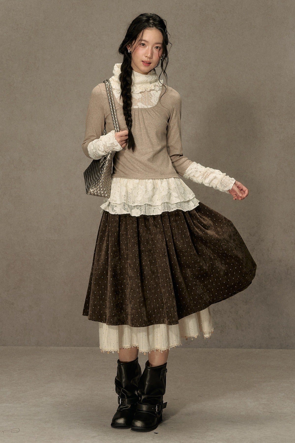 High-Neck Lace Edging Base Layer Top