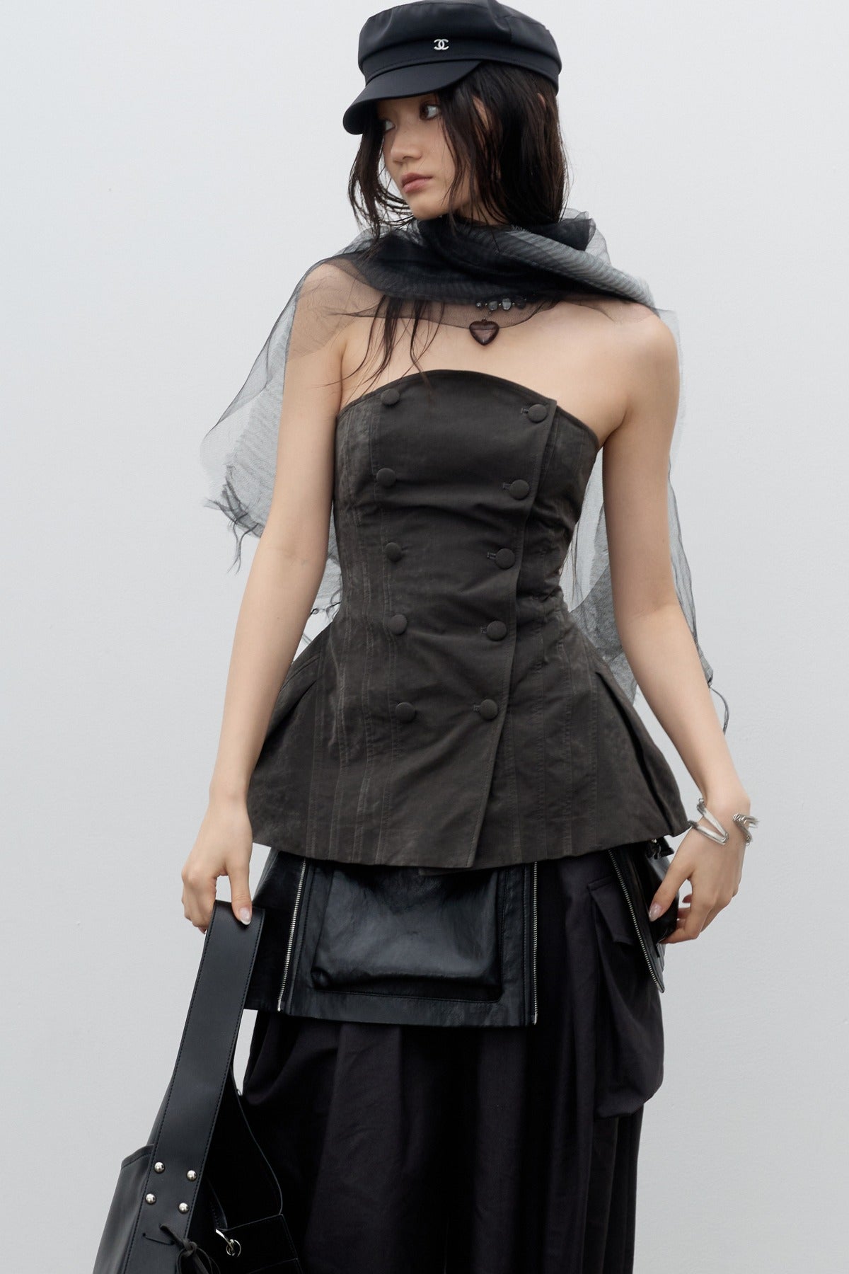 Dark Gray Corset-Style Corner-Waist Tube Top