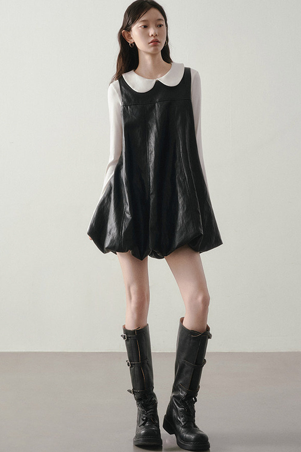 Black Leather-Like Peter Pan Dress