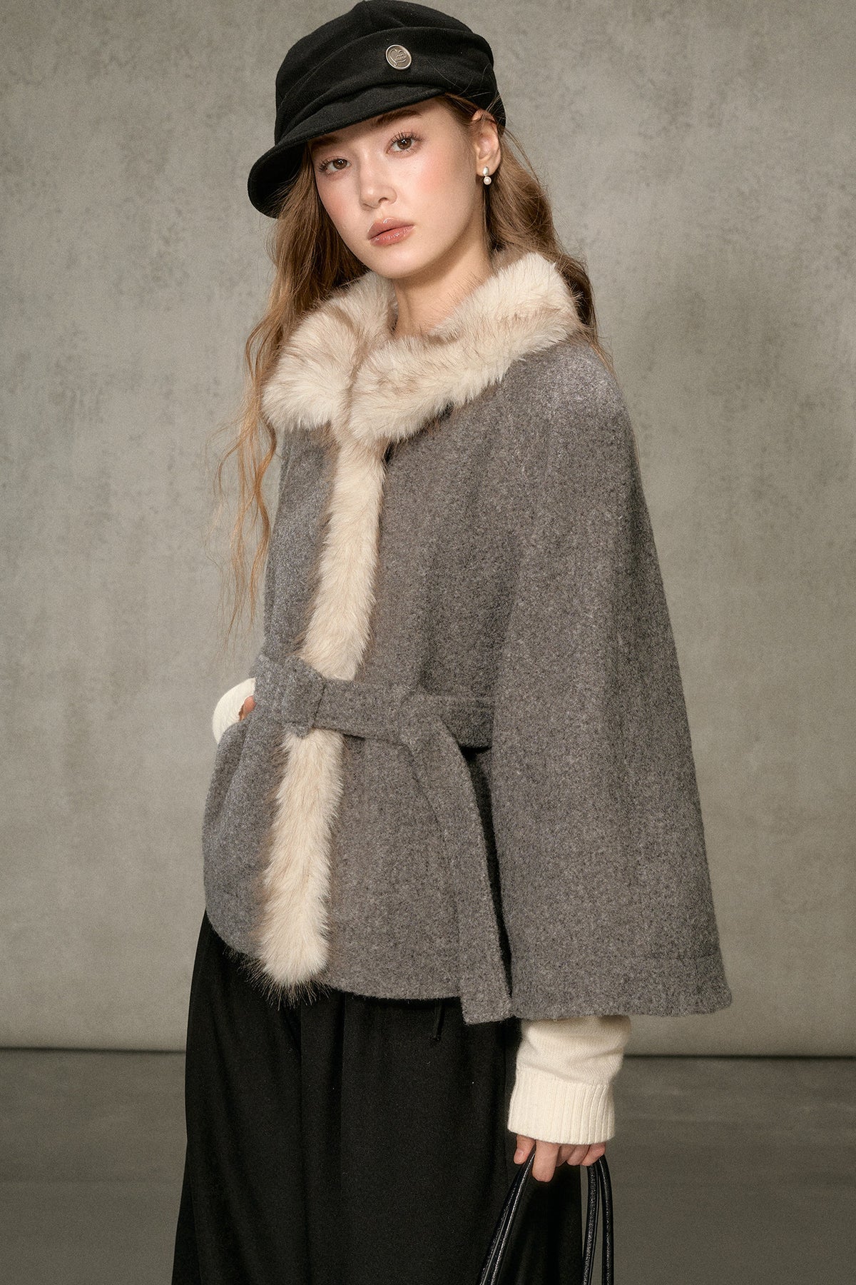 Floral Fur Collar Woolen Cape
