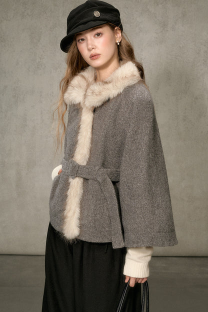 Floral Fur Collar Woolen Cape