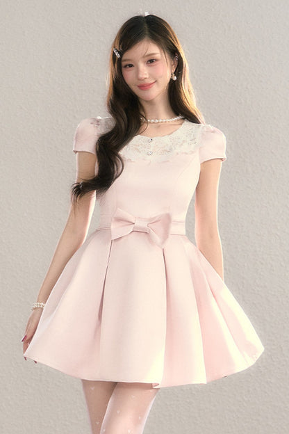 Satin Embroidery Bow A-Line Dress