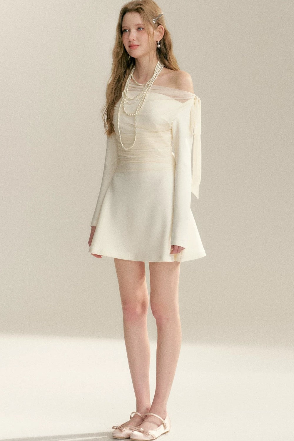 Pleated Tulle Bow Long-Sleeve Dress
