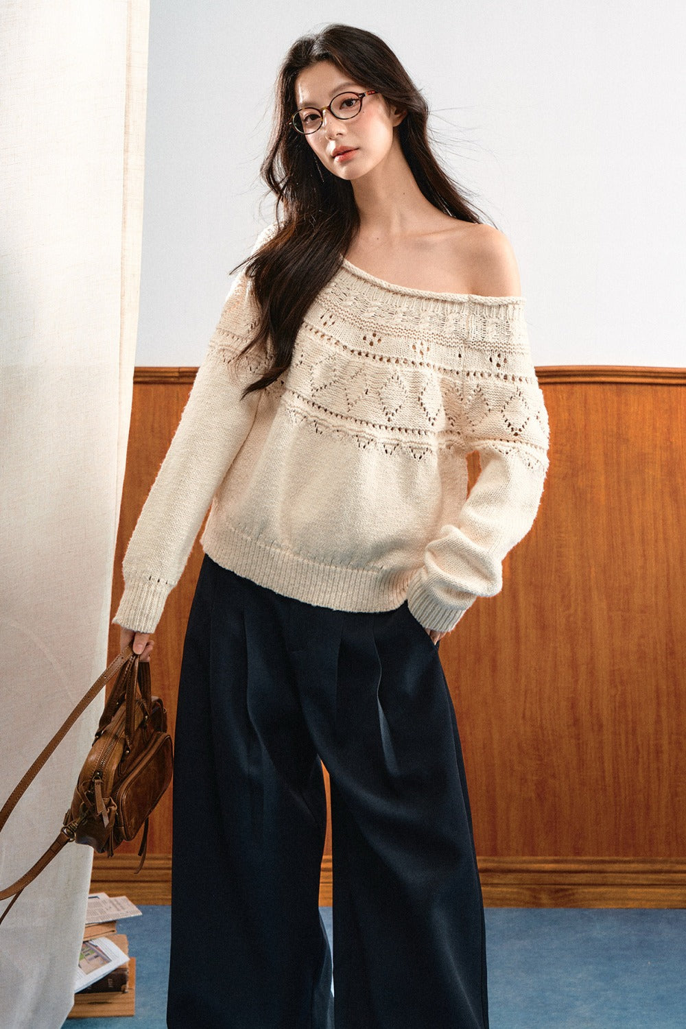 Off-Shoulder Diamond Knit Top