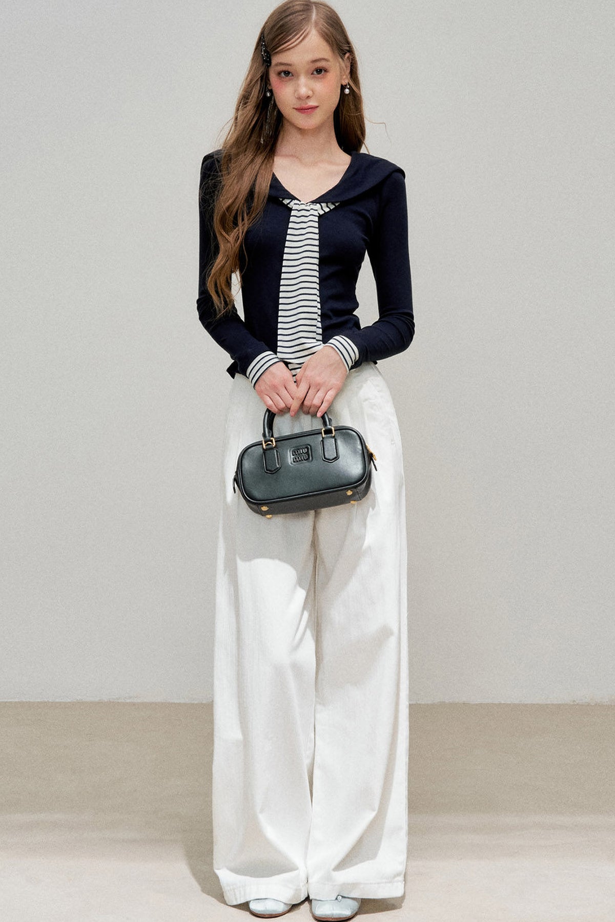 Navy Collar Striped Patchwork Tee