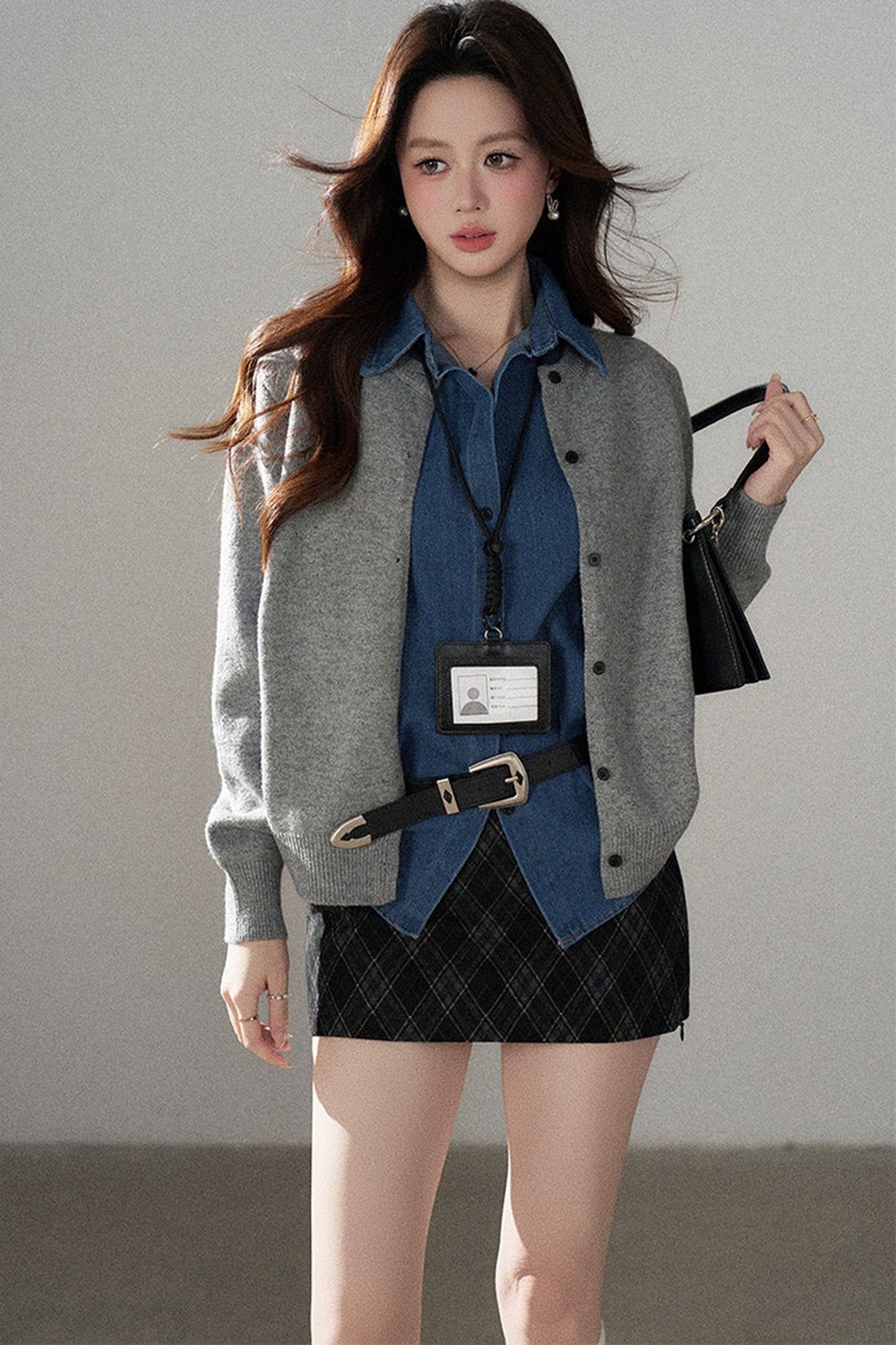 Layered-Look Denim Collar Sweater