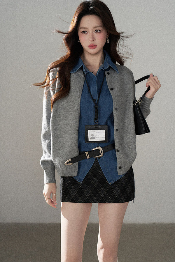 Layered-Look Denim Collar Sweater