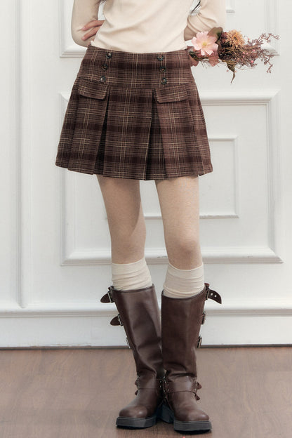 Double-Breasted Pleated Plaid A-Line Skirt