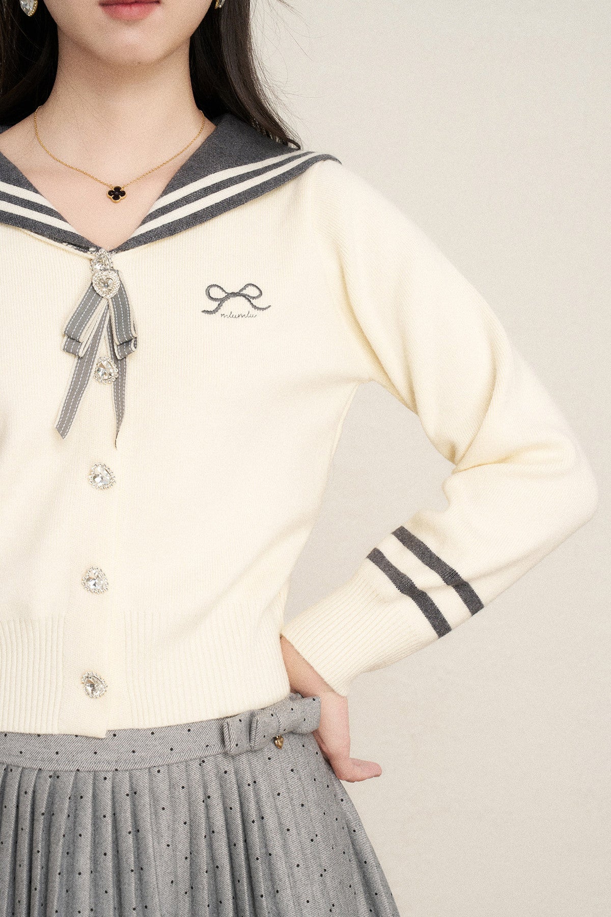 Bow Sailor Collar Knit Cardigan Set-Up