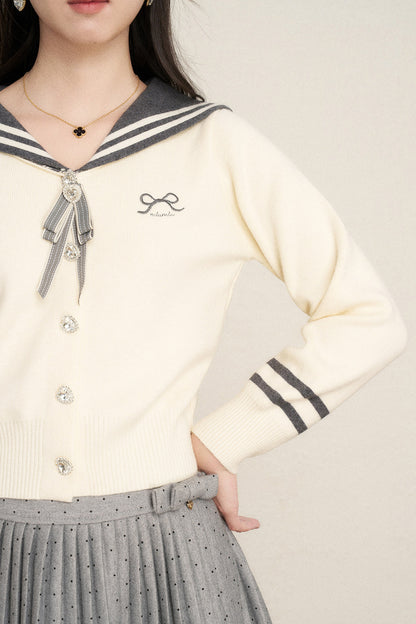 Bow Sailor Collar Knit Cardigan Set-Up