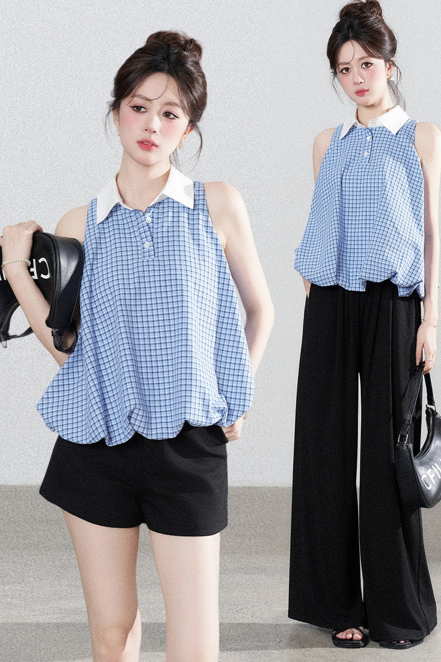 Blaue karierte Halter-Bluse
