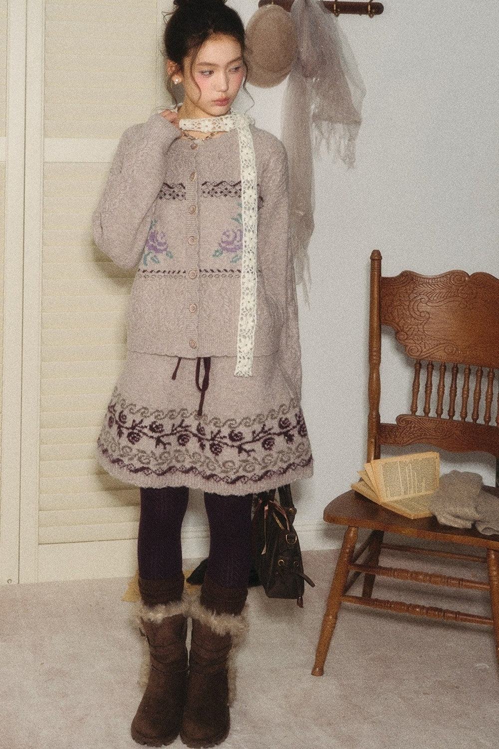 High-Waisted Floral Jacquard Knit A-Line Drawstring Skirt Set-Up