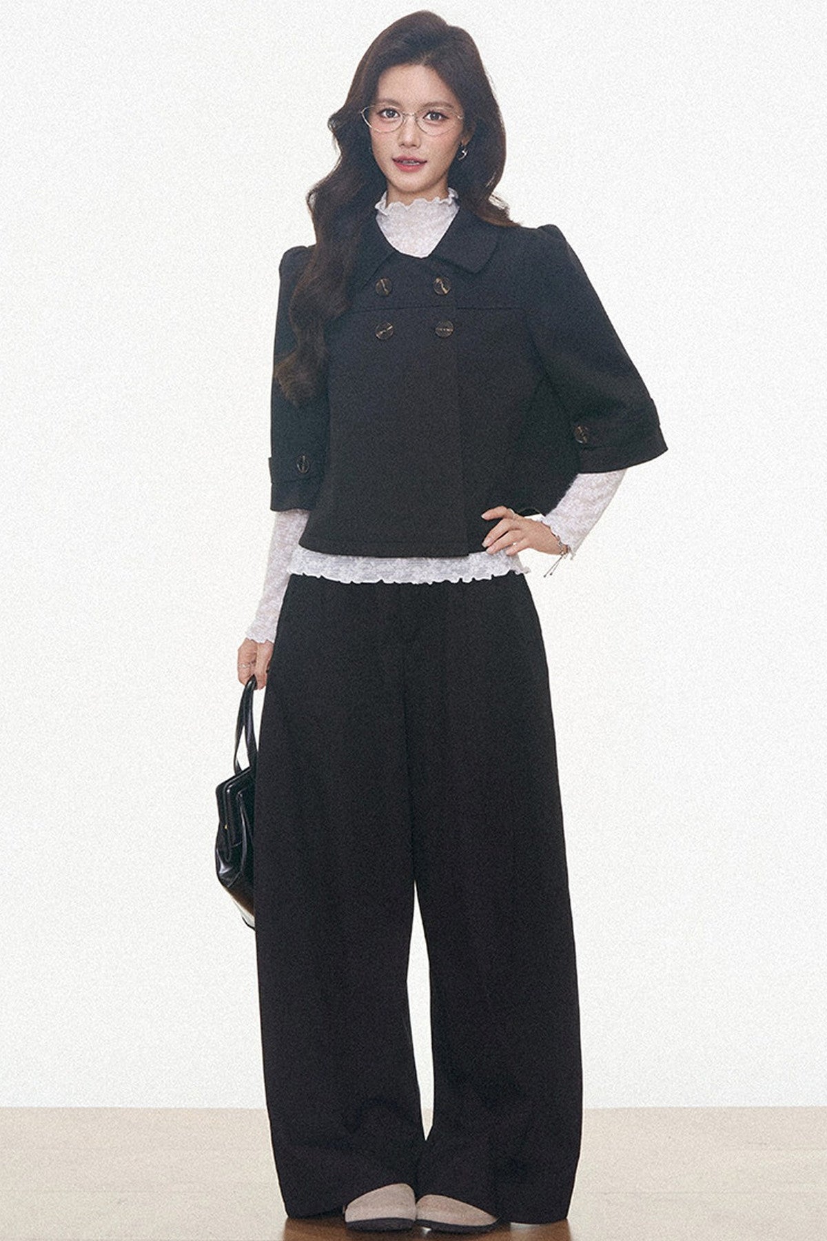 Double-Breasted Woolen Jacket With Midi Skirt and Pants Set-Up