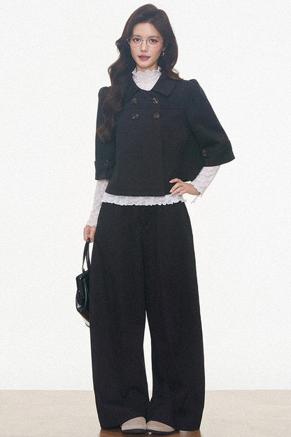 Double-Breasted Woolen Jacket With Midi Skirt and Pants Set-Up