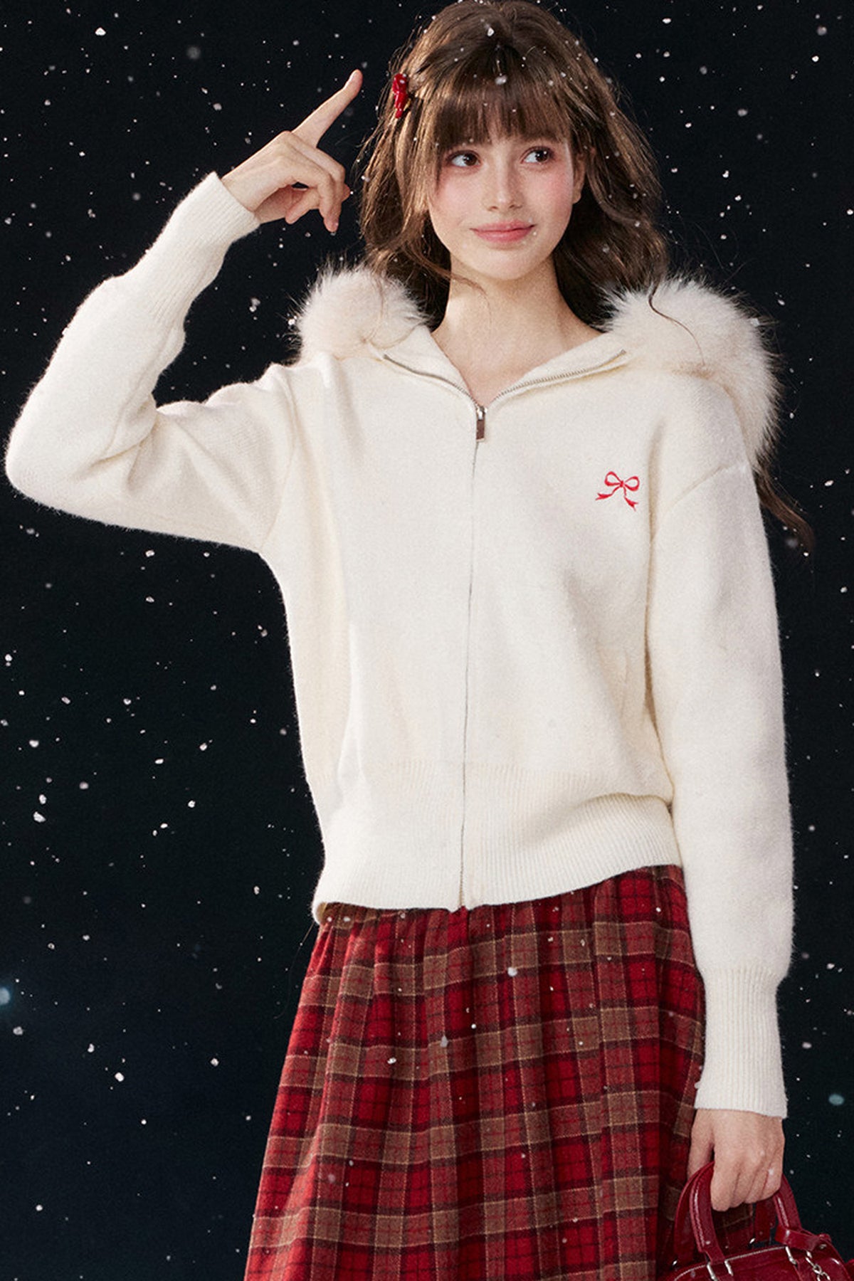 Embroidered Hooded Fur Collar Cardigan