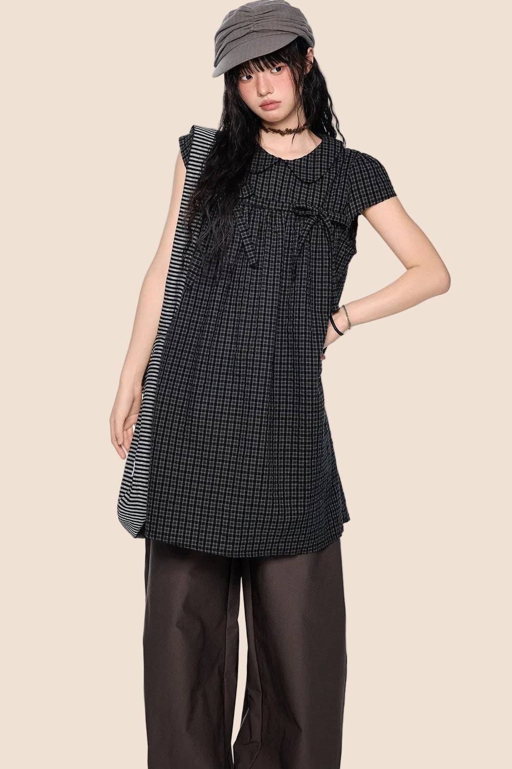 Plaid Tie Doll Collar T-Shirt Set-Up