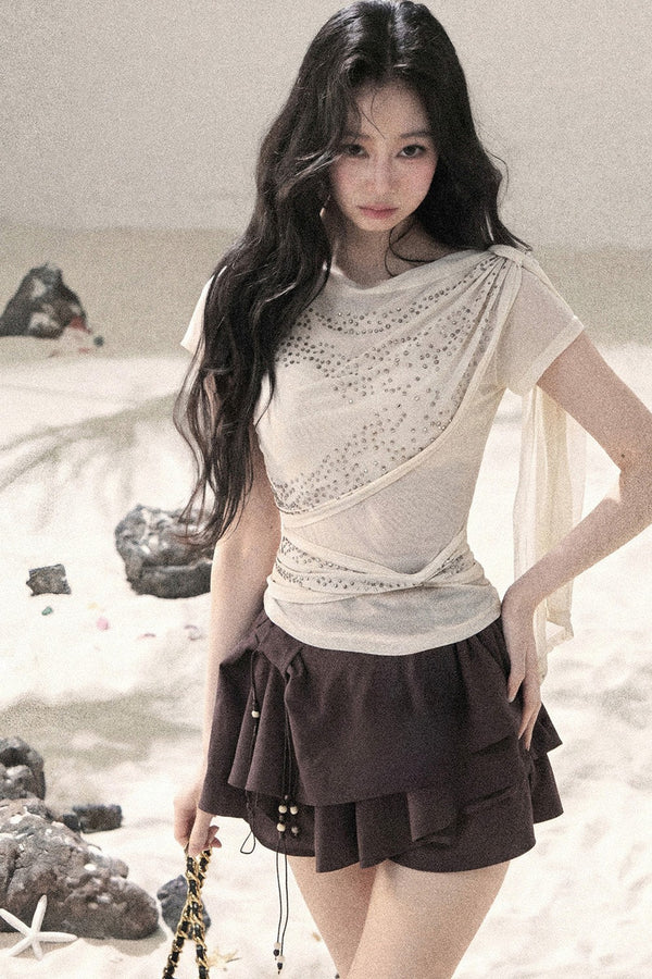 Sparkling Sleeveless Waist-Cinching Top Set