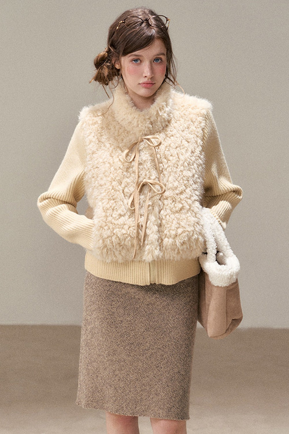 Patchwork Lamb Wool Bowknot Jacket