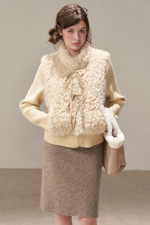Patchwork Lamb Wool Bowknot Jacket