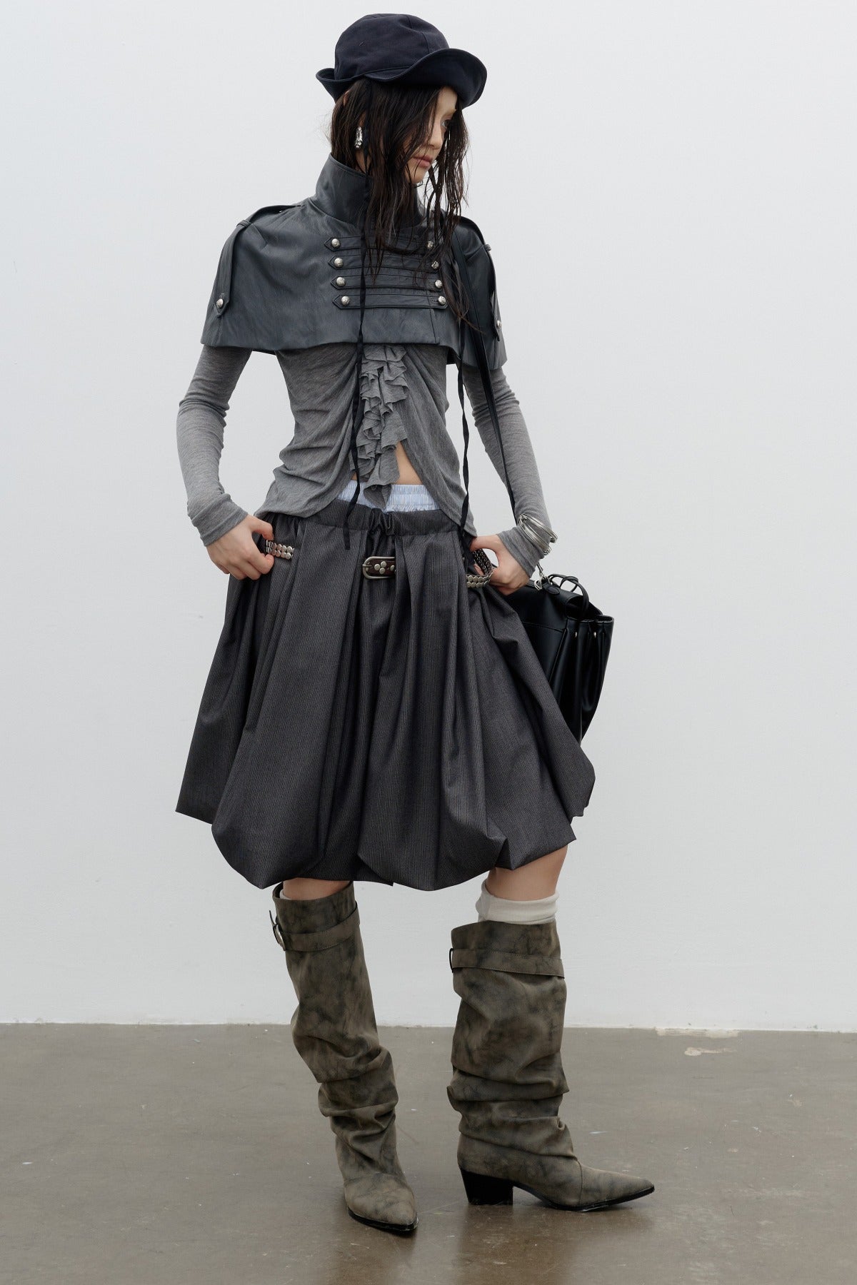 Double Waistband Pleated Bubble Lantern Skirt