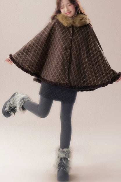 Plaid Fur Collar Hooded Shawl Cape