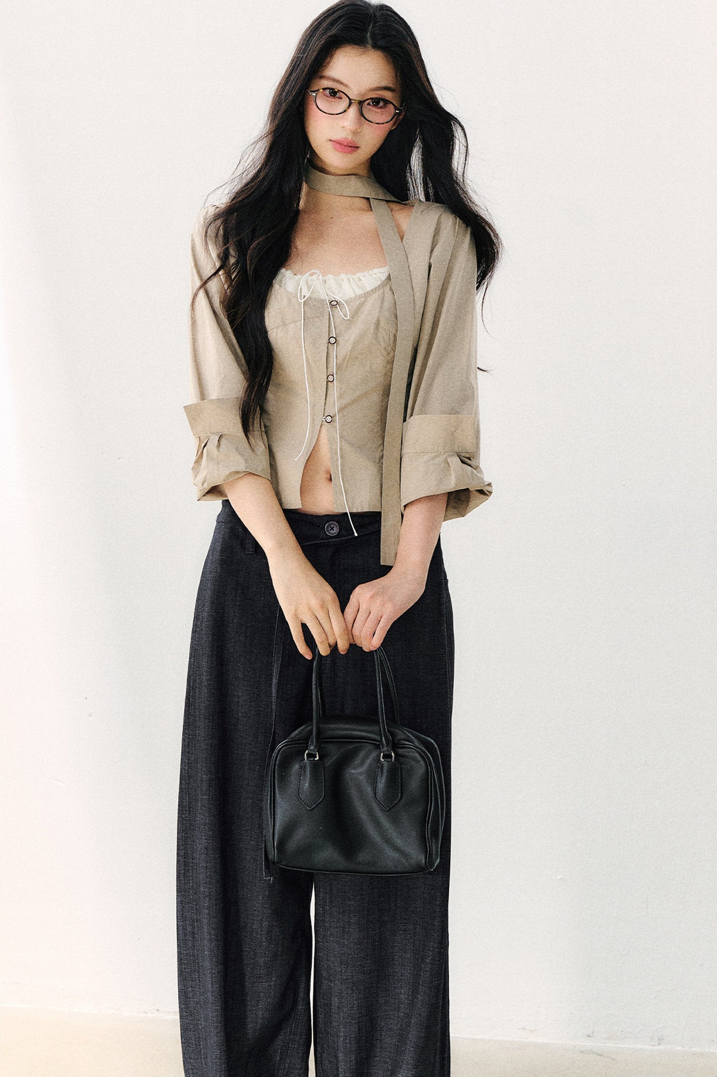 Halter Neck Ribbon Patchwork Long Sleeve Top