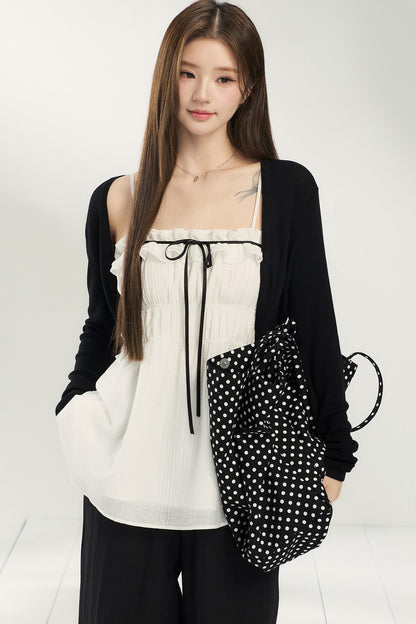 White Lace Collar Camisole With Cardigan And Pants Set-Up