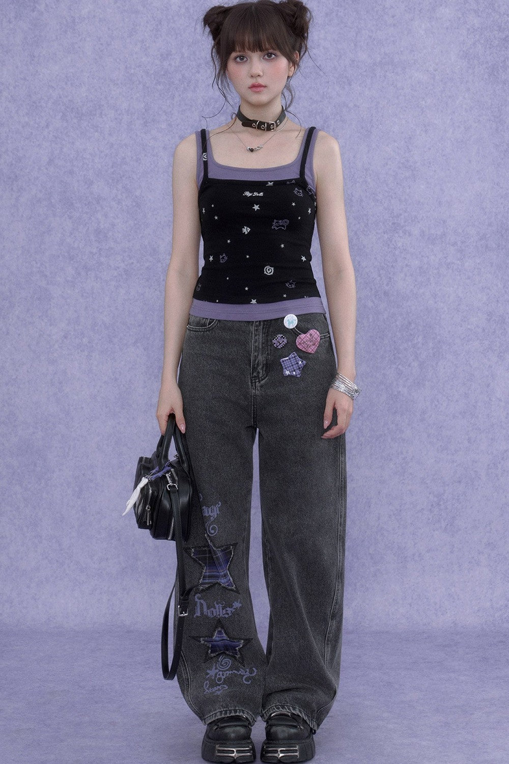 Black Purple Cutout Camisole Set