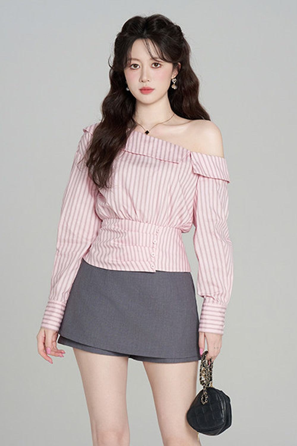 Pink Striped Off-Shoulder Long-Sleeve Shirt and Skirt Set-Up