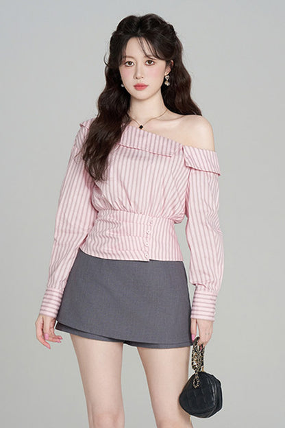 Pink Striped Off-Shoulder Long-Sleeve Shirt and Skirt Set-Up
