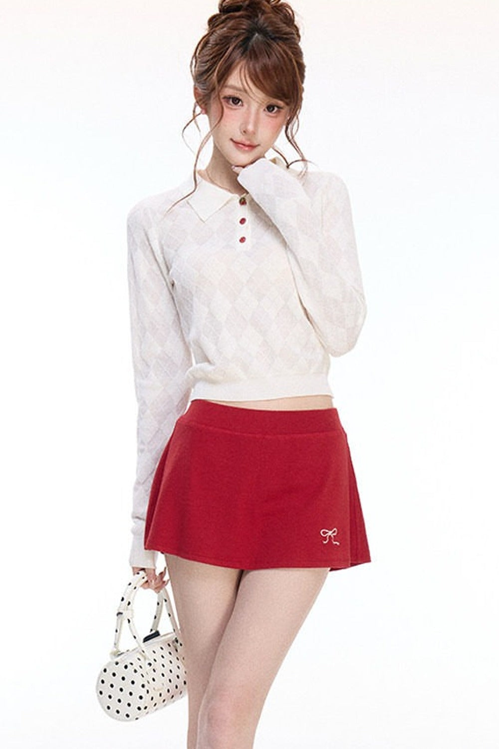 Cherry Polo Knit Top and Embroidered Knit Skirt Set-Up