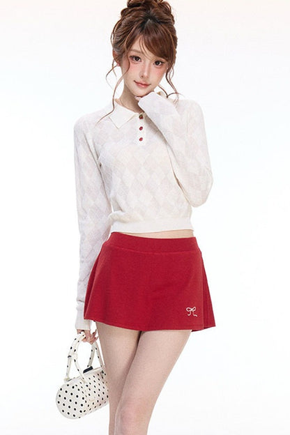 Cherry Polo Knit Top and Embroidered Knit Skirt Set-Up