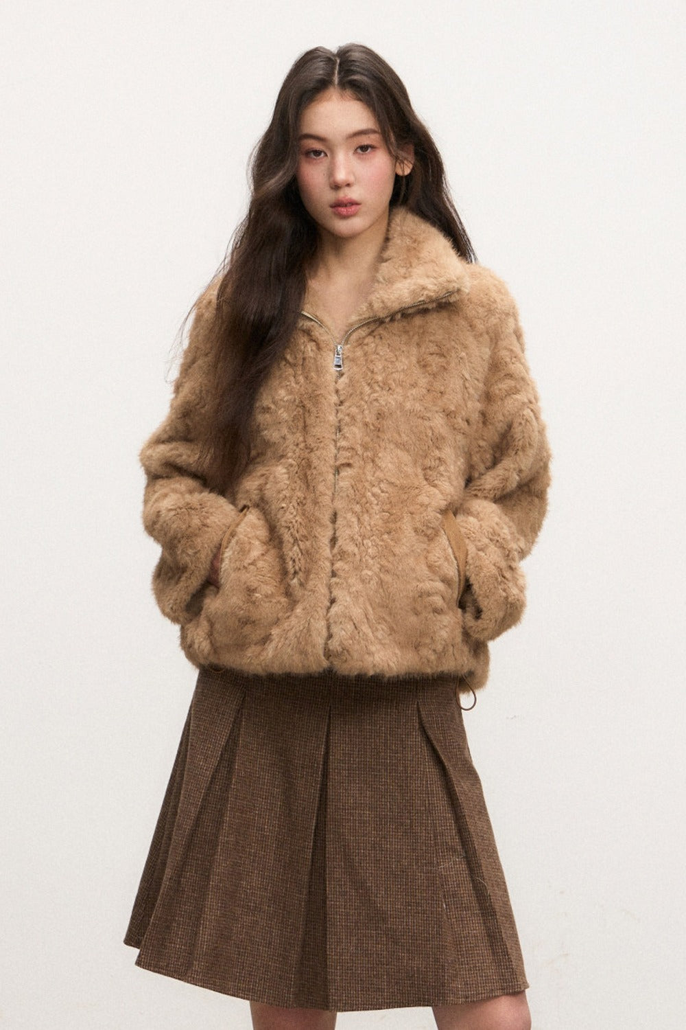 Camel Suede Lapel Fur Top Set-Up