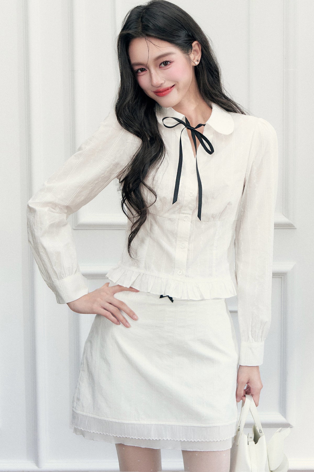 Preppy Jacquard Long-Sleeved Shirt and Skirt Set-Up