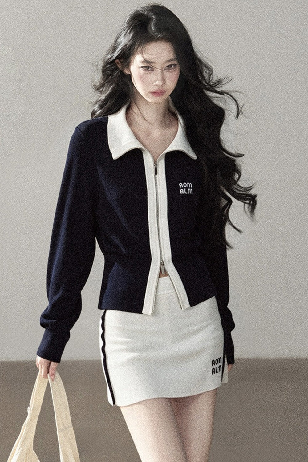 Navy Blue Top and White Short Skirt Set-Up