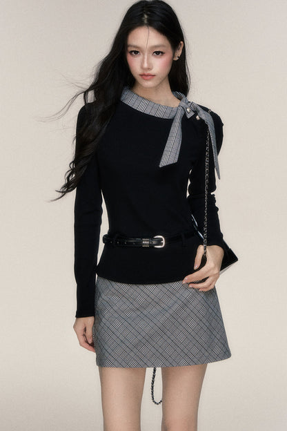 Plaid Ribbon Knit Top and Skirt Set-Up