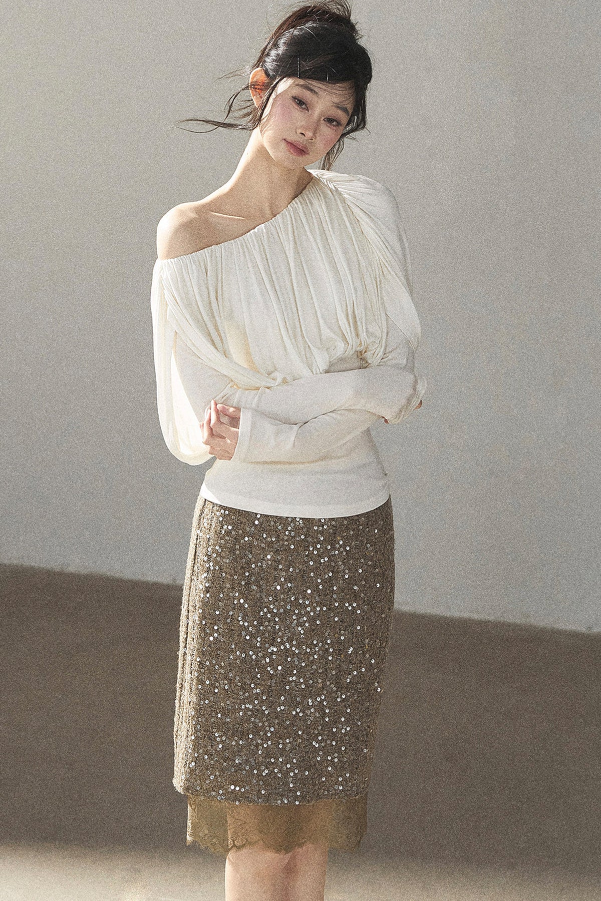 Off-Shoulder Long-Sleeve Cinched T-Shirt