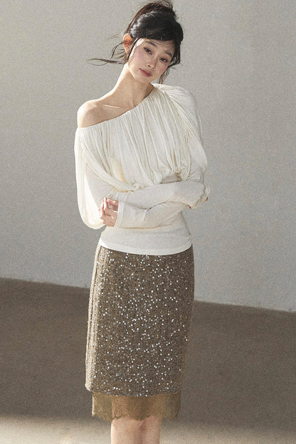 Off-Shoulder Long-Sleeve Cinched T-Shirt