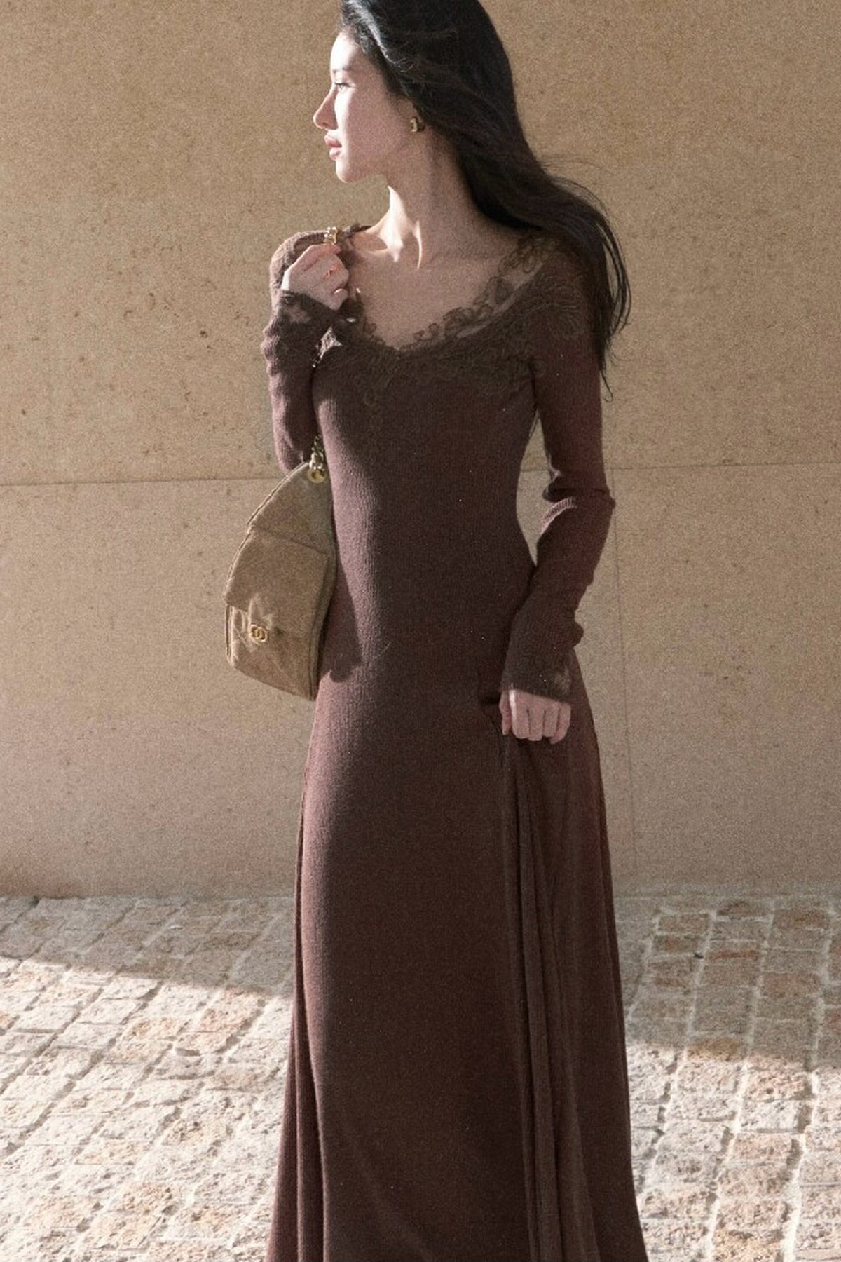 Spliced Lace Trim Long-Sleeve A-Line Dress