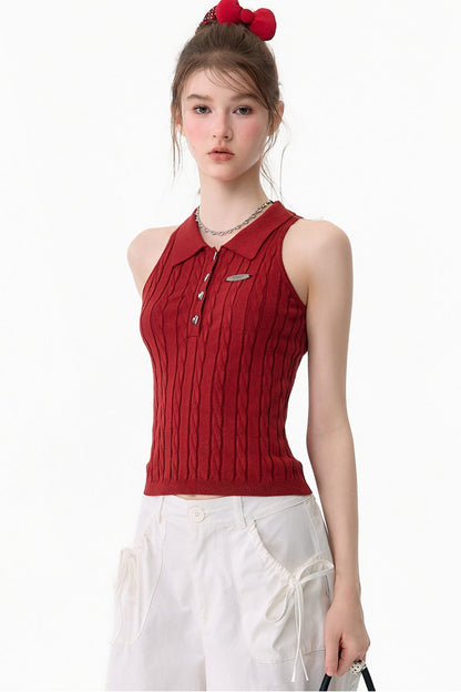 Red Knit Polo Collar Tank Top