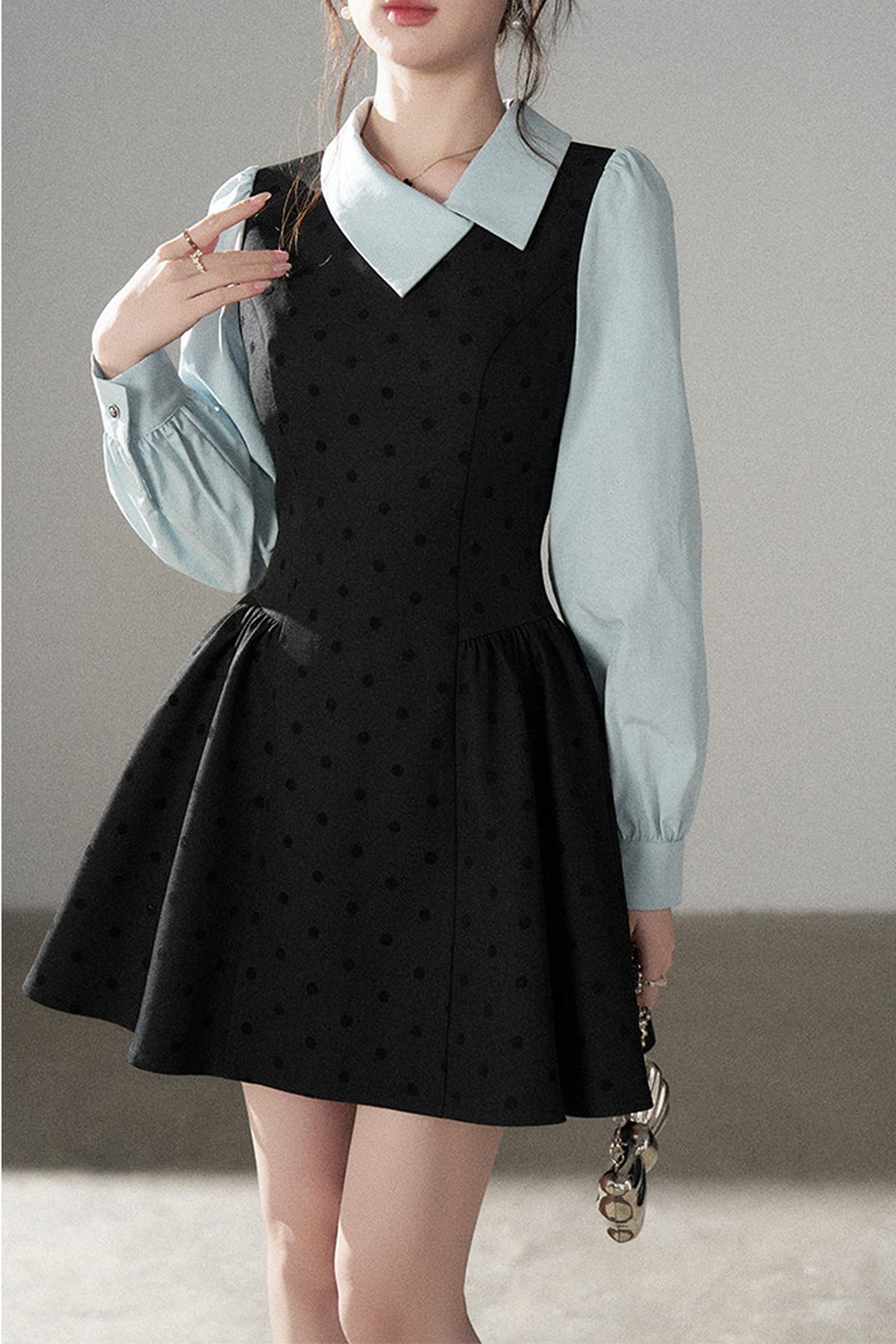 Black Polka Dot Asymmetrical Collar Dress