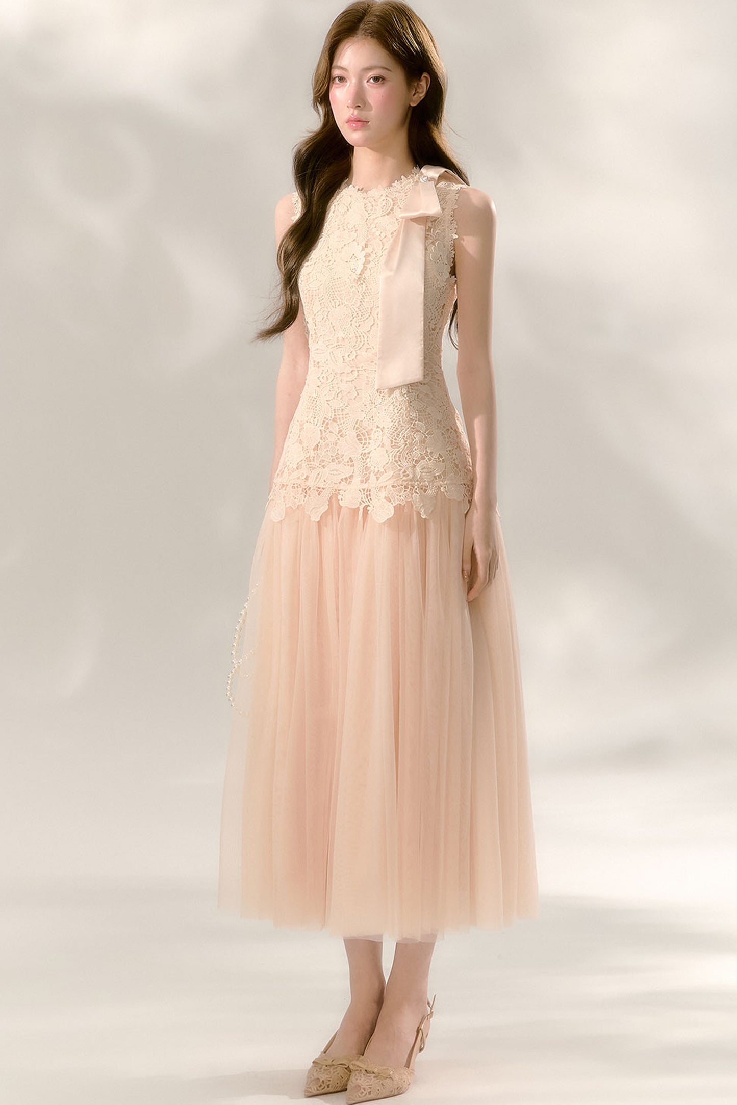 Lace Sleeveless Waist-Cinching Tulle Dress