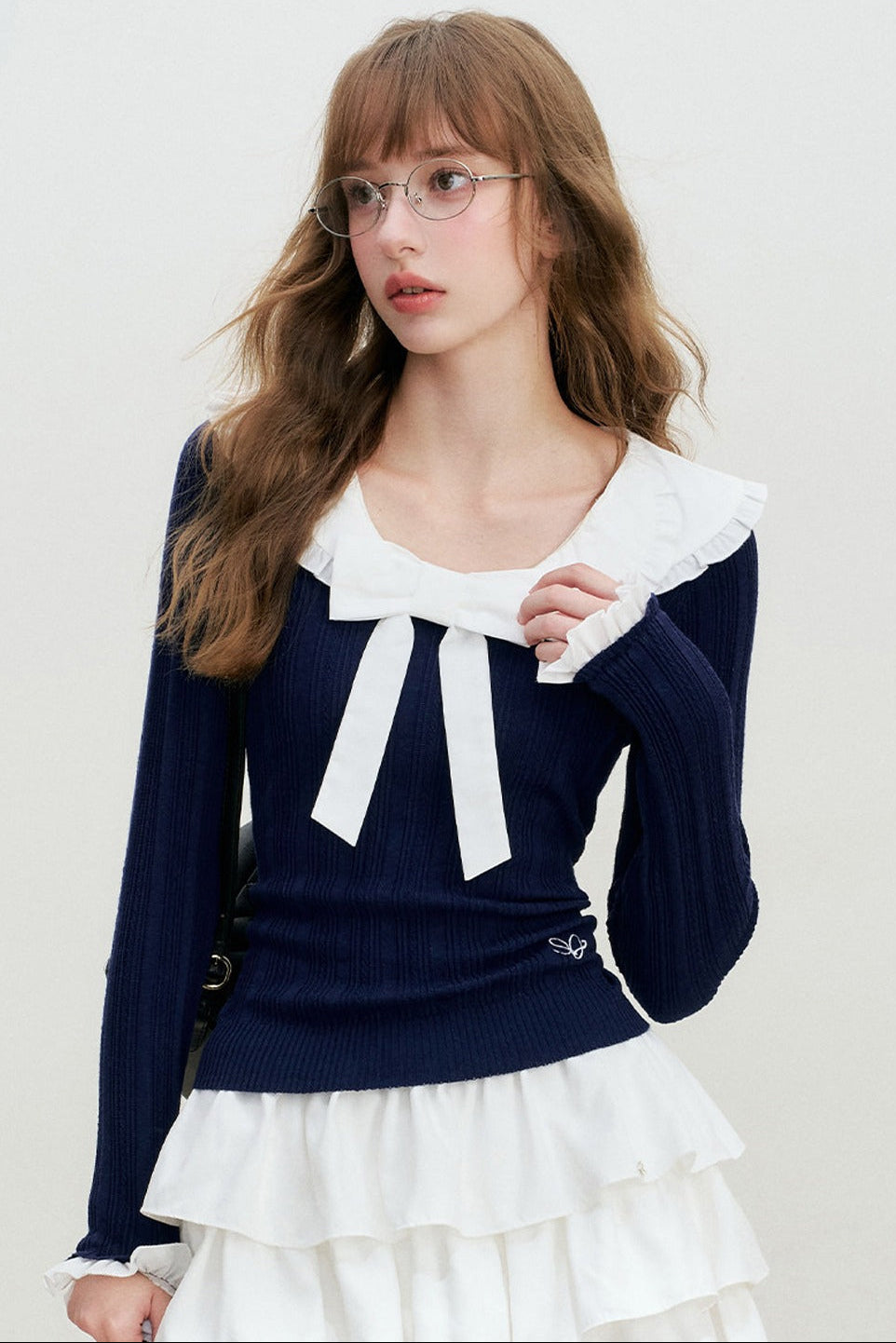 Doll Collar Detachable Bow Knit Top
