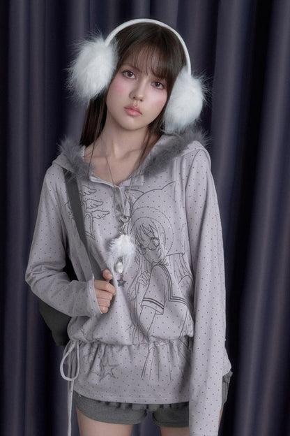 Gray Purple Printed Hoodie