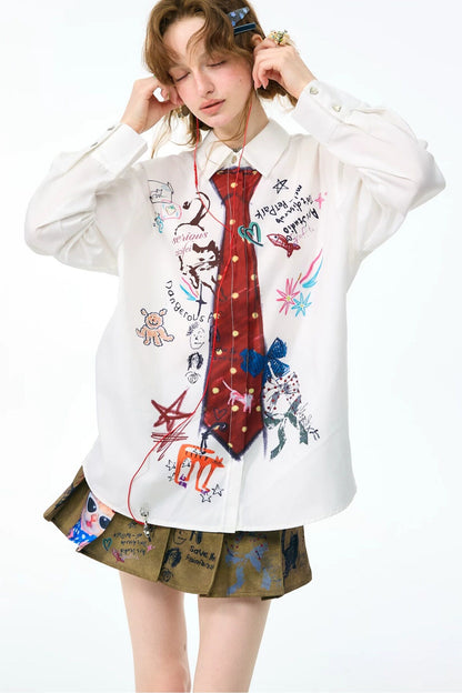White Tie Print Long Sleeve Shirt