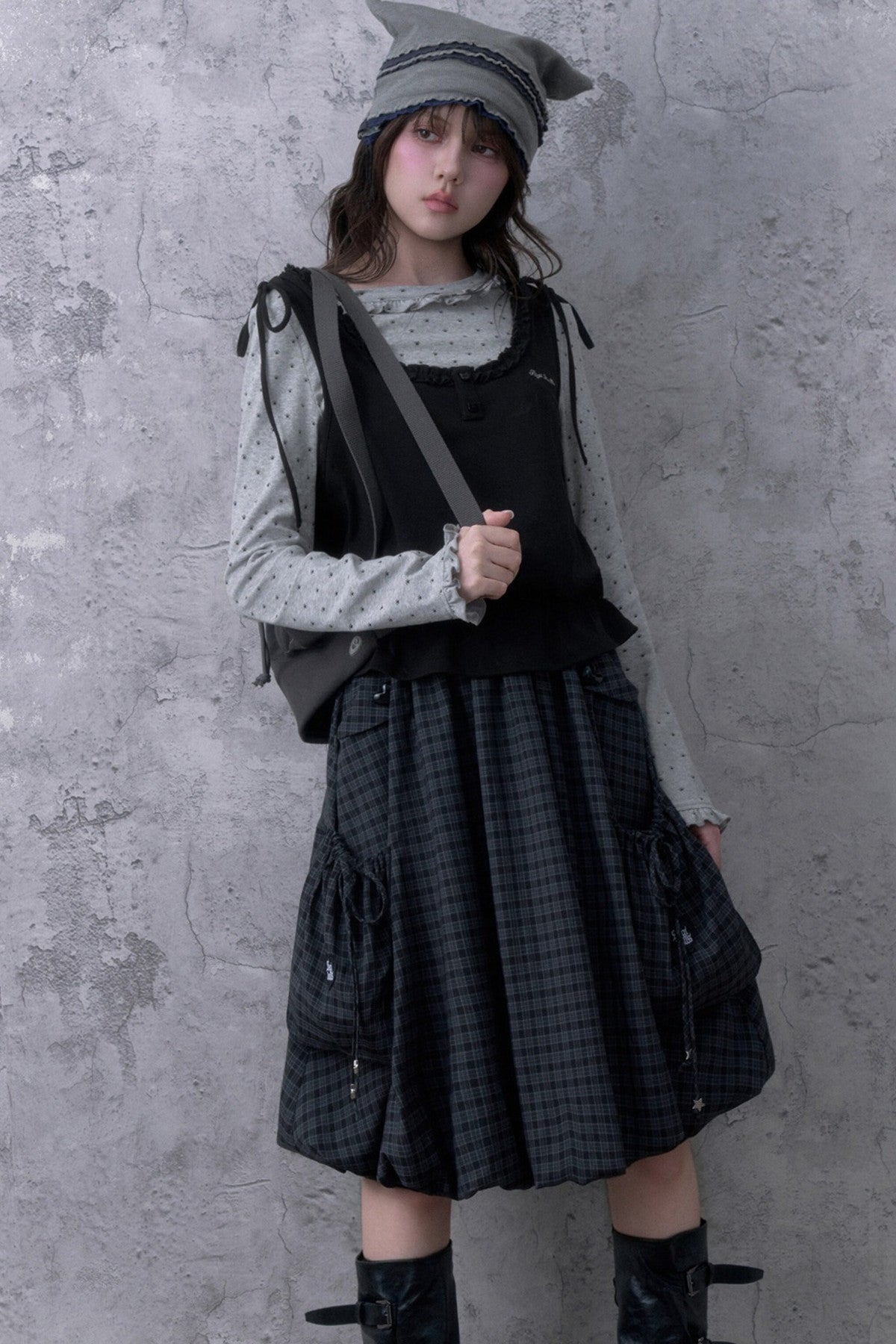 Black Gray Plaid Mid-Length Skirt Set-Up