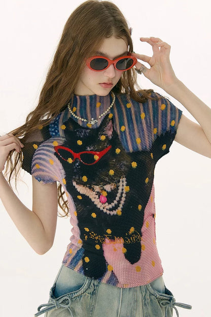 Pleated Cat Print Blouse