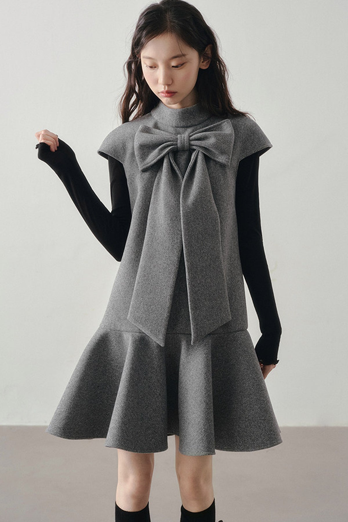 Woolen Bow Flutter Sleeve Dress
